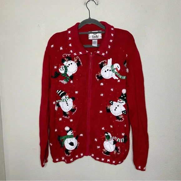 Tiara International Red Zip Up Sweater Cardigan with Snowmen Size M - Picture 1 of 7
